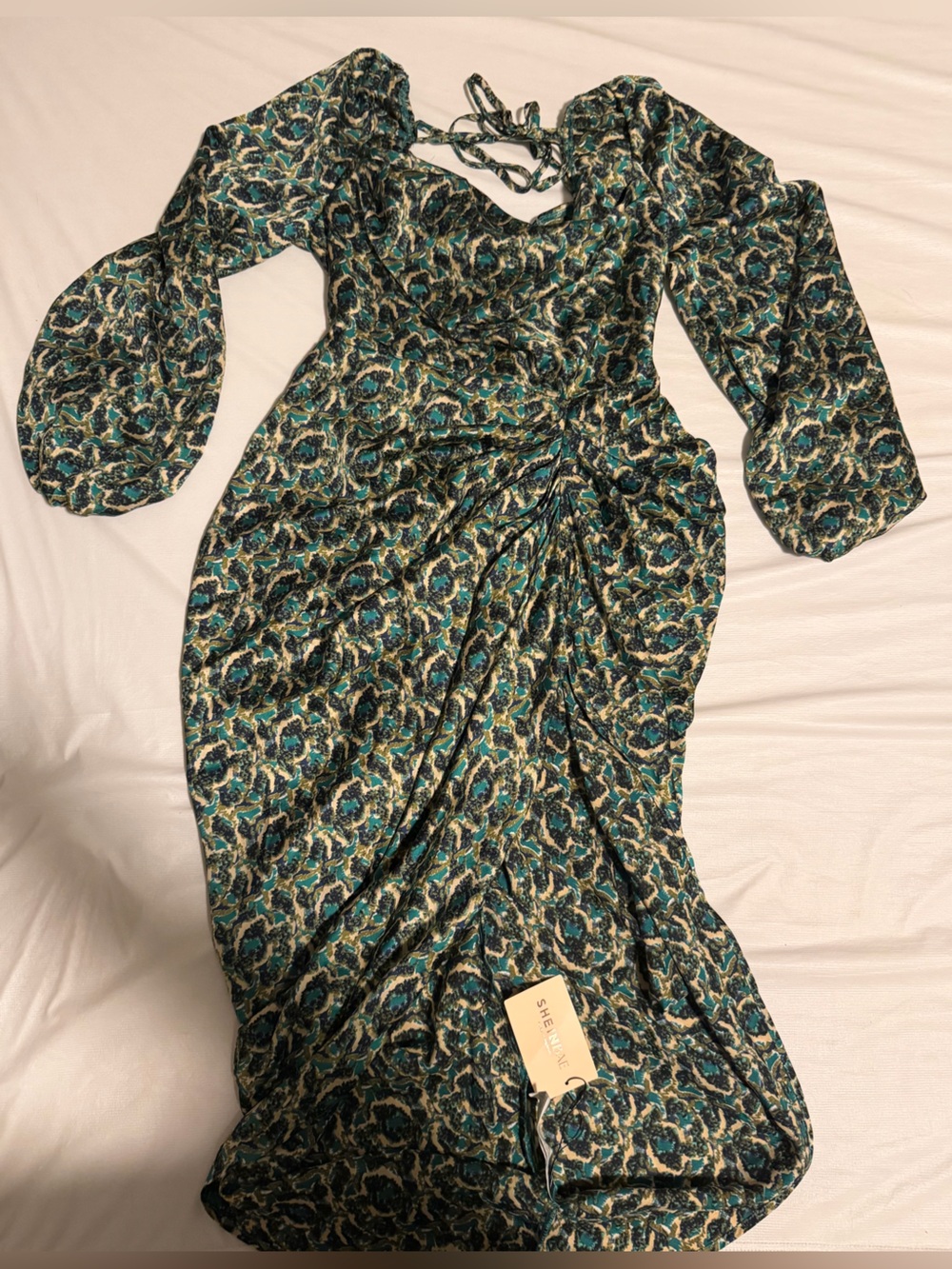 Floral Tie-Back Maxi Dress in Teal and Black